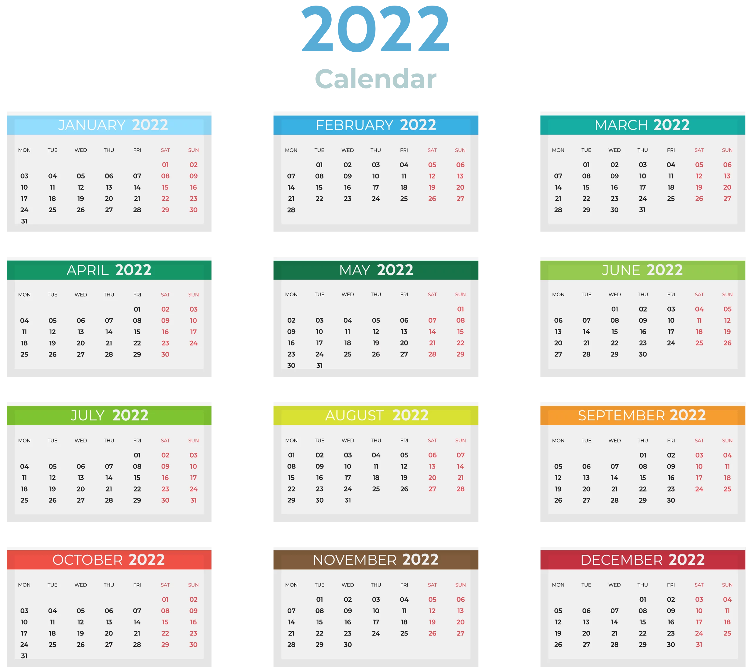 Colorful 2022 Annual Wall Calendar Clipart with All Months in Grid Layout