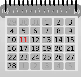 Monthly Calendar Clipart with Spiral Binding and Red Highlighted Date Number 11