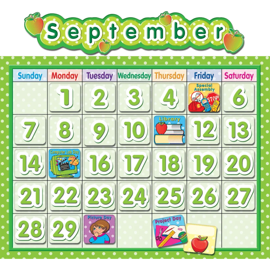 September Monthly Calendar with School Theme Illustrations Classroom Clipart