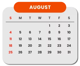 August Monthly Calendar Clipart with Red and Black Dates on White Background