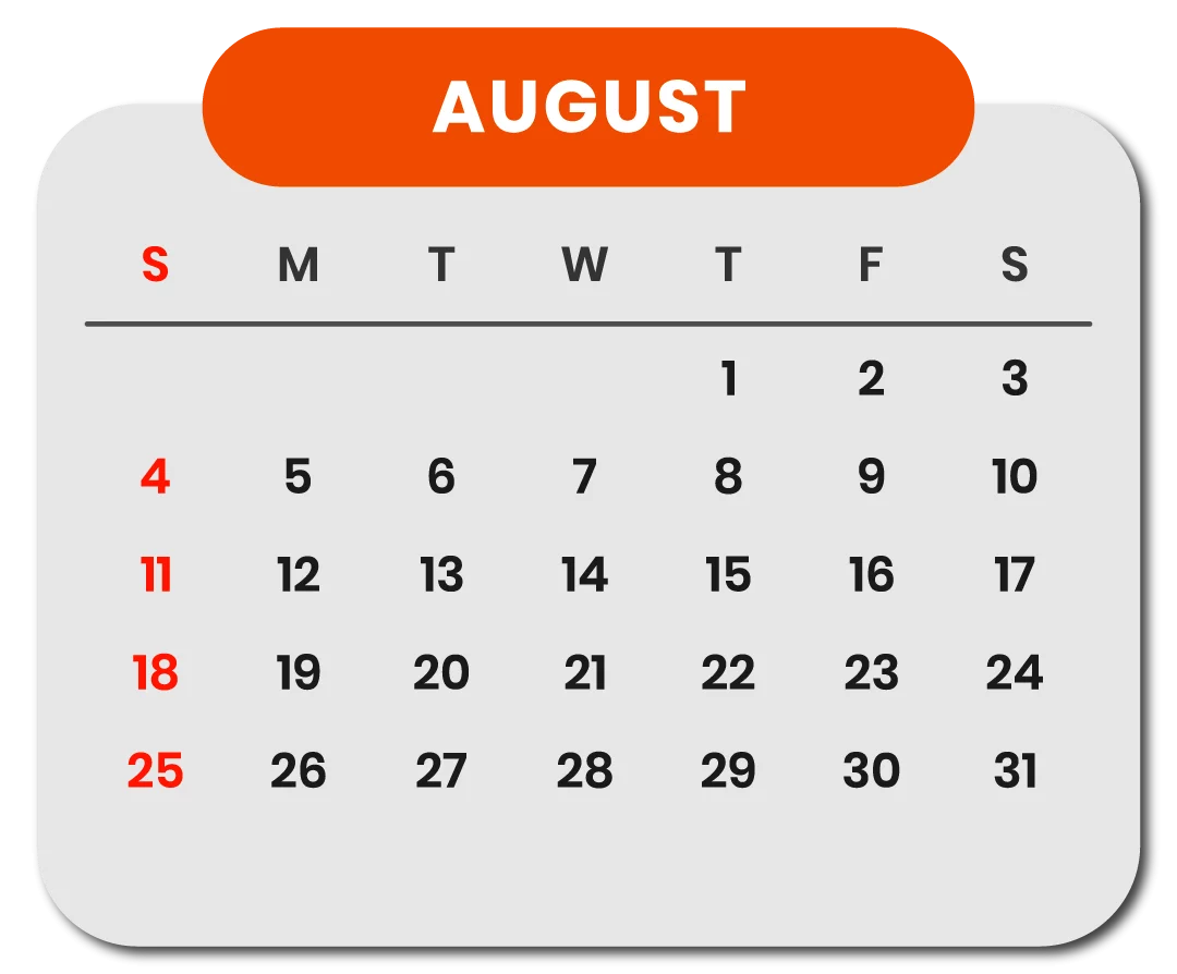 August Monthly Calendar Clipart with Red and Black Dates on White Background