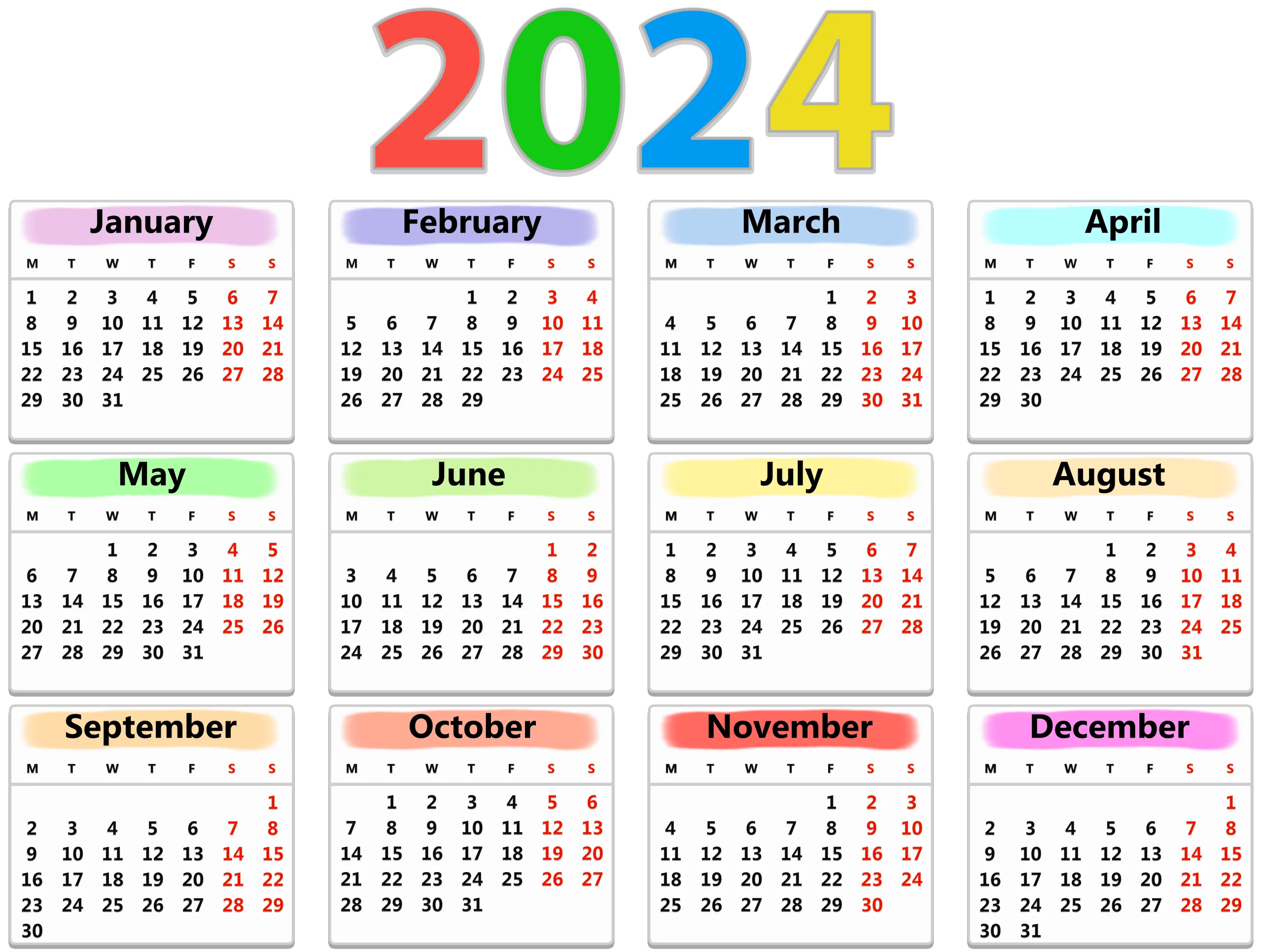 Colorful 2024 Annual Calendar Clipart with Monthly Grid Layout and Highlighted November