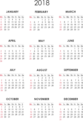 Complete 2018 Annual Calendar Clipart with Monthly Grid Layout and Weekends Highlighted