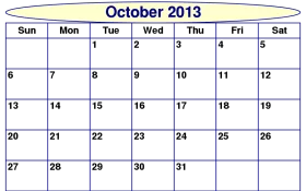 October 2013 Monthly Calendar Clipart with Days of Week Grid Layout for Planning