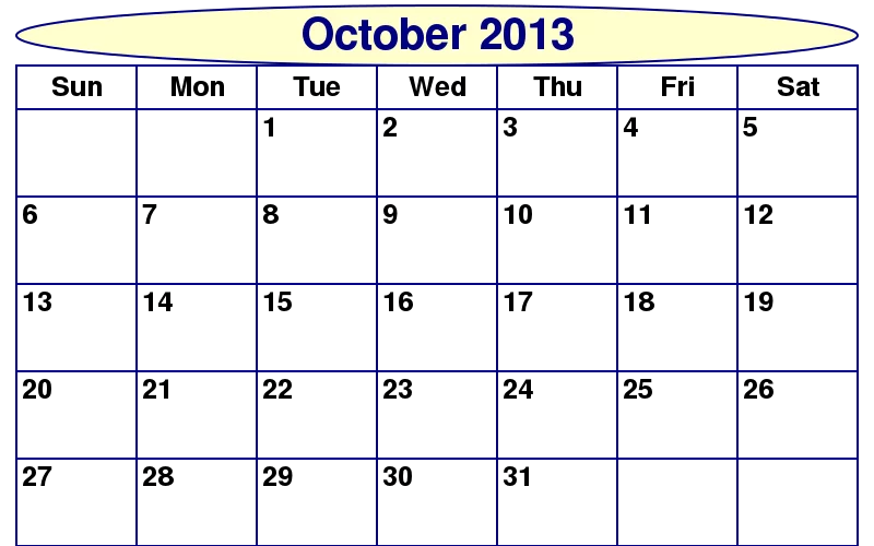 October 2013 Monthly Calendar Clipart with Days of Week Grid Layout for Planning