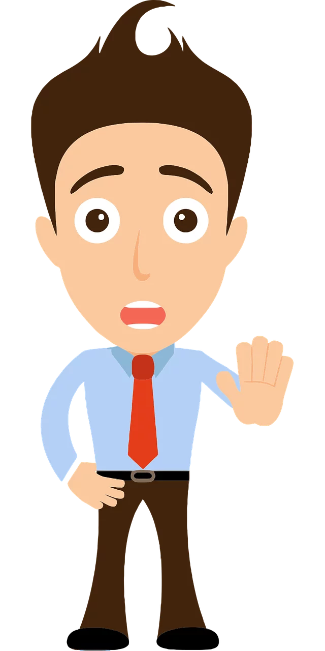 Surprised Office Worker with Red Tie Raising Hand Cartoon Style Clipart