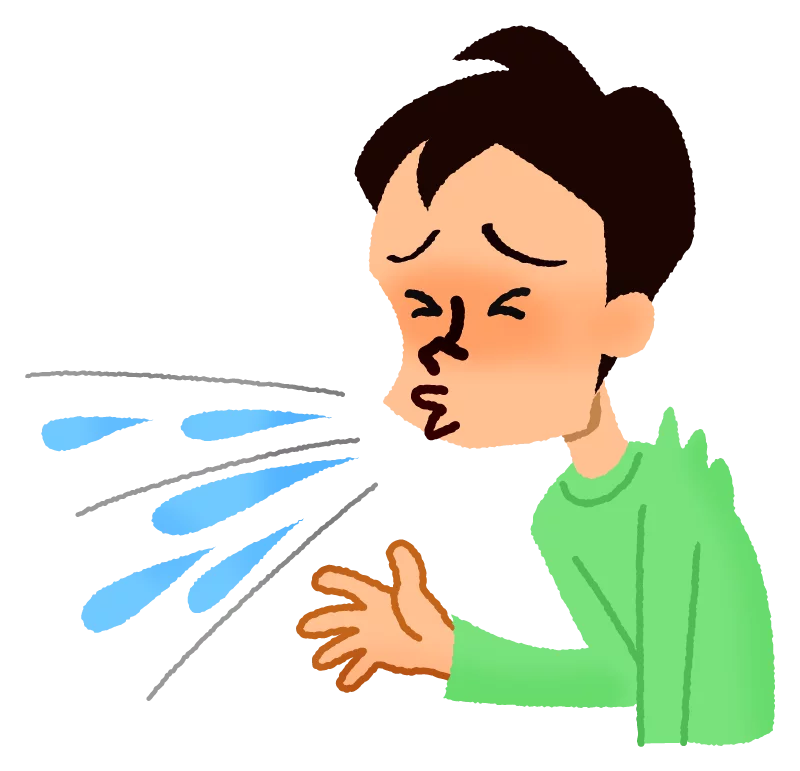 Cartoon Person Sneezing with Spray Droplets in Green Shirt Clipart Illustration