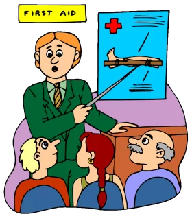 Cartoon Clipart of Teacher Demonstrating First Aid Techniques to Students