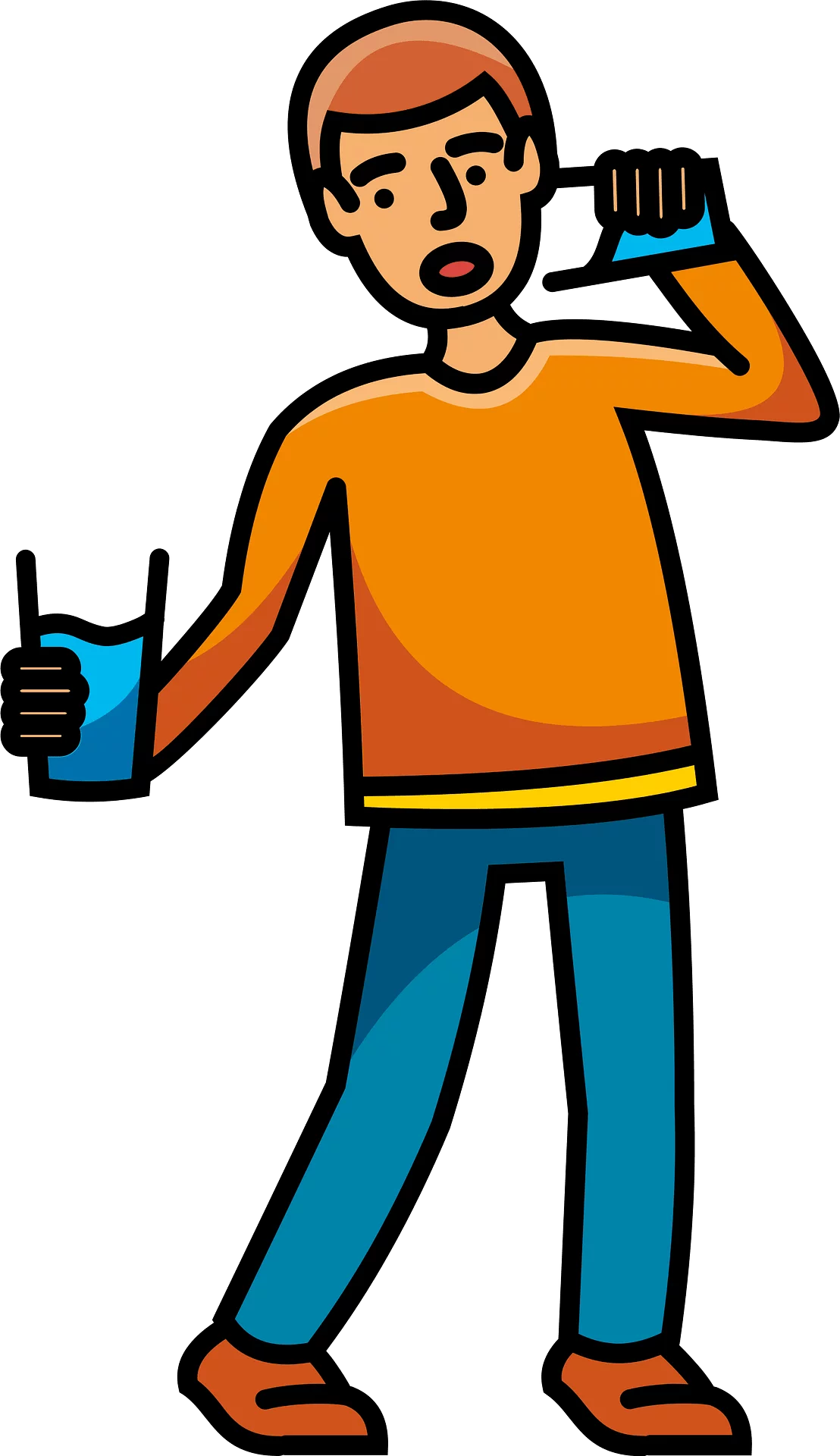 Cartoon Person Drinking Water from Blue Cups in Orange Shirt Clipart