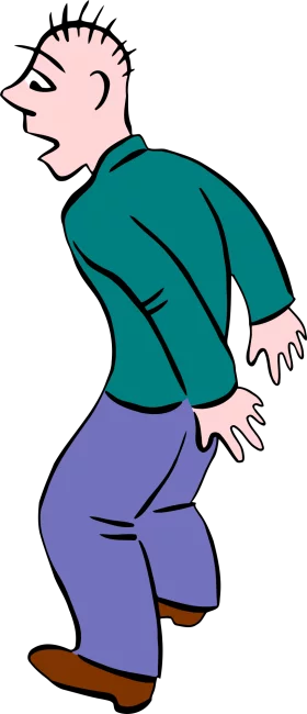 Side View Cartoon Person Walking with Spiky Hair Teal Shirt Purple Pants Clipart