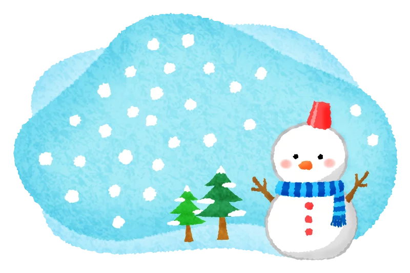 Whimsical Winter Snowman with Pine Trees in Blue Snowy Scene Clipart Illustration