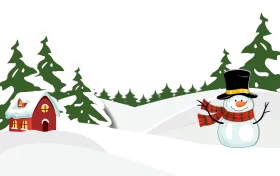 Cheerful Winter Wonderland with Snowman and Red Barn Christmas Clipart Scene