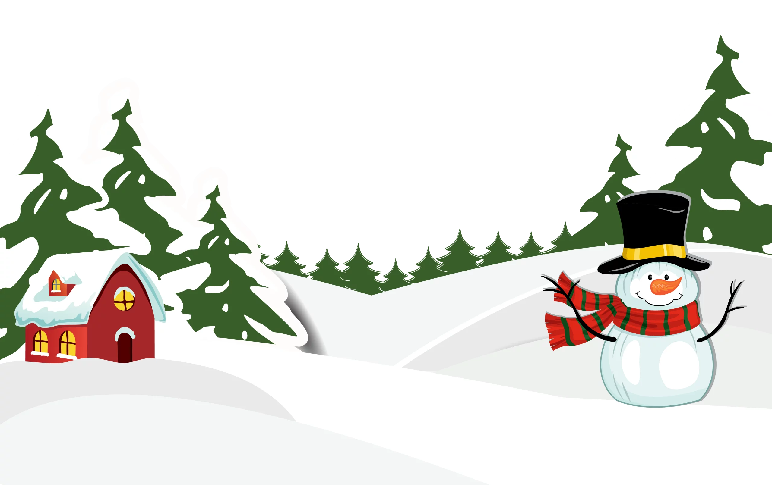 Cheerful Winter Wonderland with Snowman and Red Barn Christmas Clipart Scene