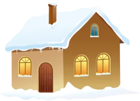 Cozy Winter House with Snow Covered Roof and Glowing Windows Winter Season Clipart