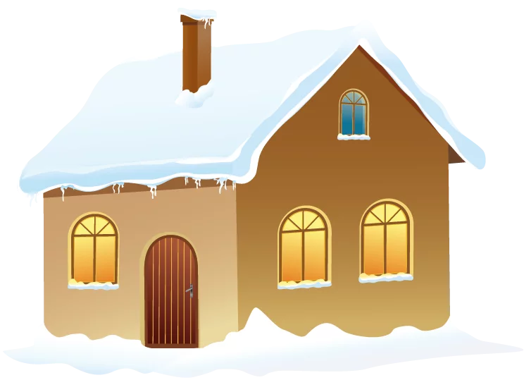 Cozy Winter House with Snow Covered Roof and Glowing Windows Winter Season Clipart