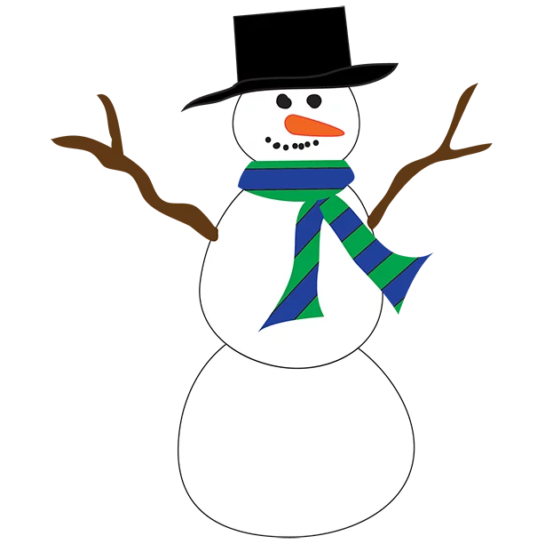 Cheerful Winter Snowman Clipart with Blue and Green Scarf and Black Hat