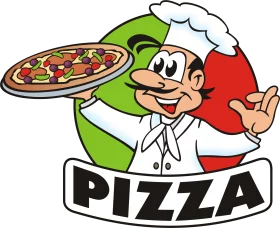 Cheerful Cartoon Pizza Chef Mascot Holding Fresh Delicious Pizza Clipart Logo Design