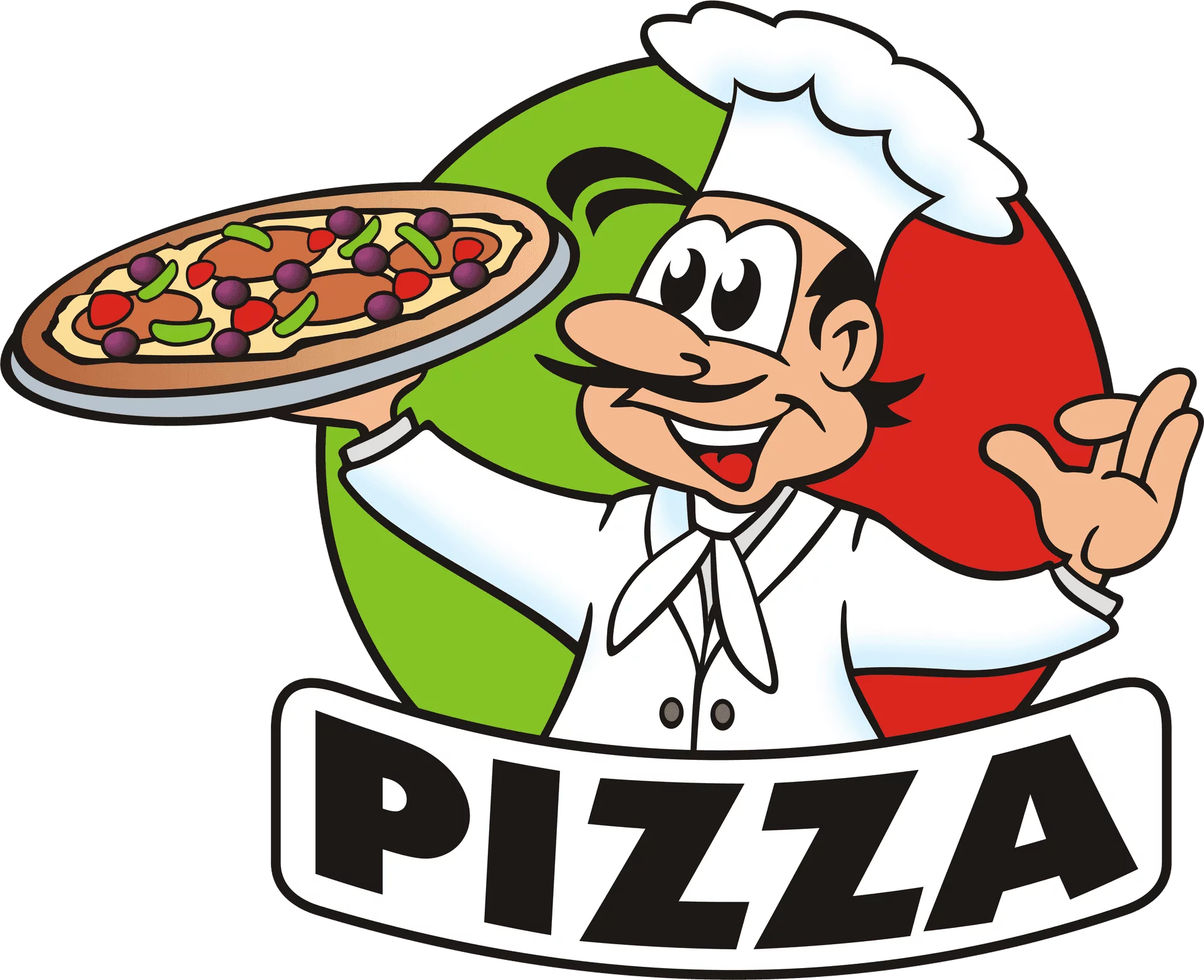 Cheerful Cartoon Pizza Chef Mascot Holding Fresh Delicious Pizza Clipart Logo Design