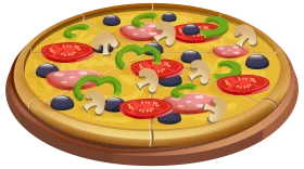 Colorful Delicious Vegetarian Pizza Clipart with Vibrant Toppings on Wooden Board