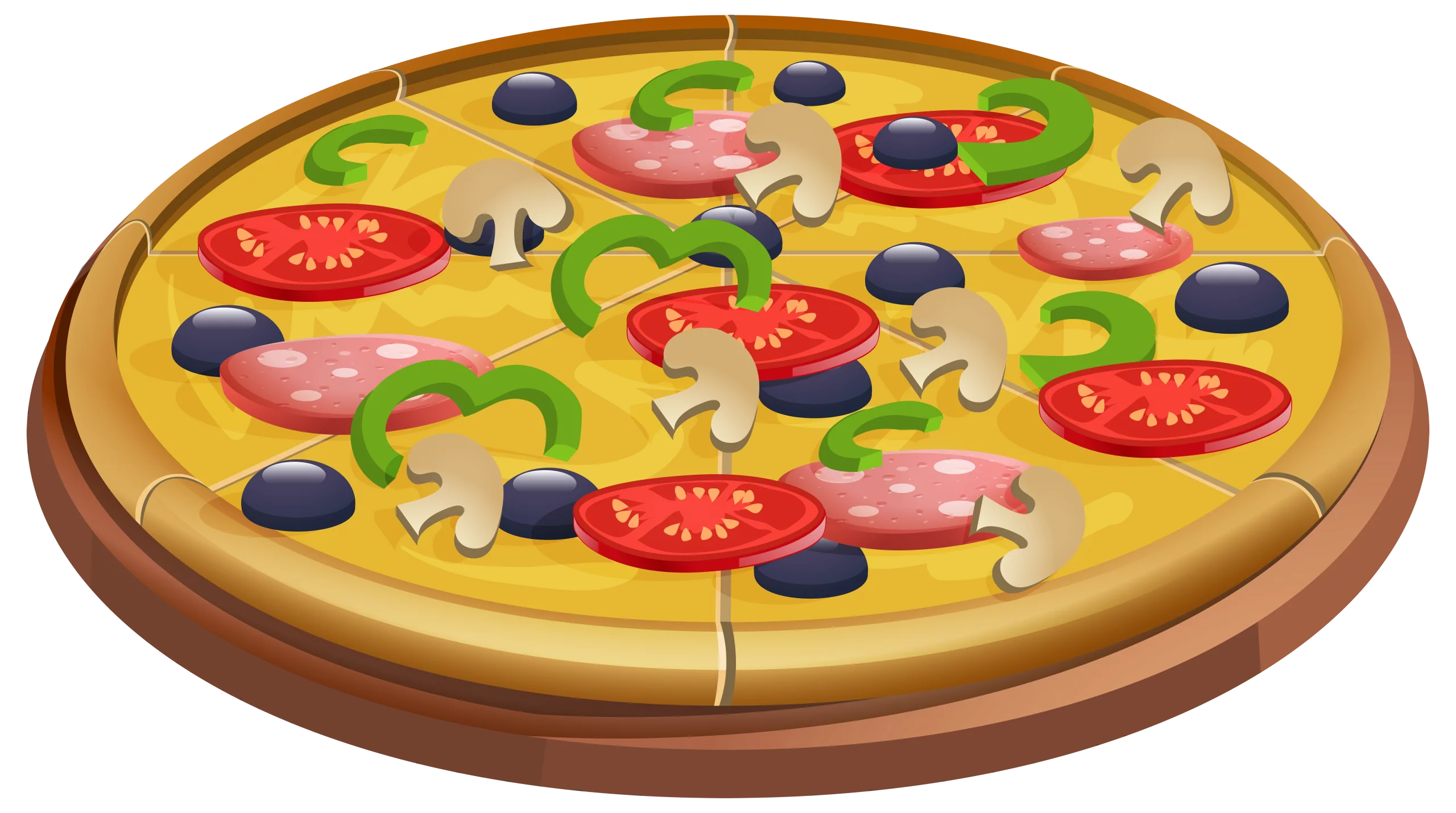 Colorful Delicious Vegetarian Pizza Clipart with Vibrant Toppings on Wooden Board