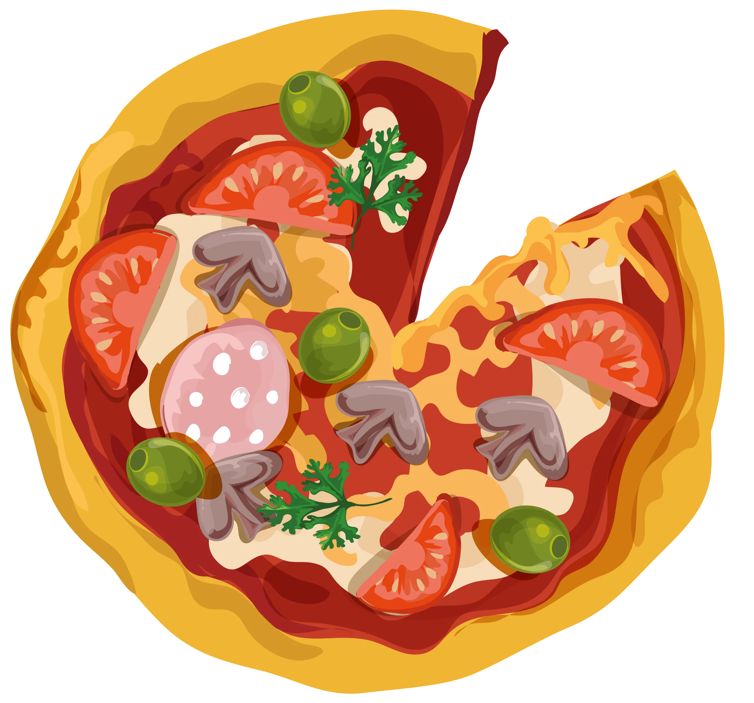 Delicious Colorful Cartoon Pizza Clipart with Vibrant Toppings and Ingredients