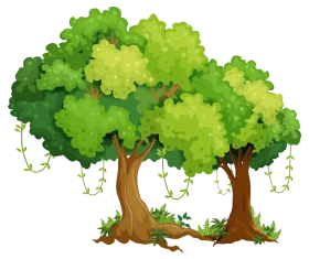 Lush Green Forest Landscape with Two Majestic Trees Cartoon Clipart Illustration