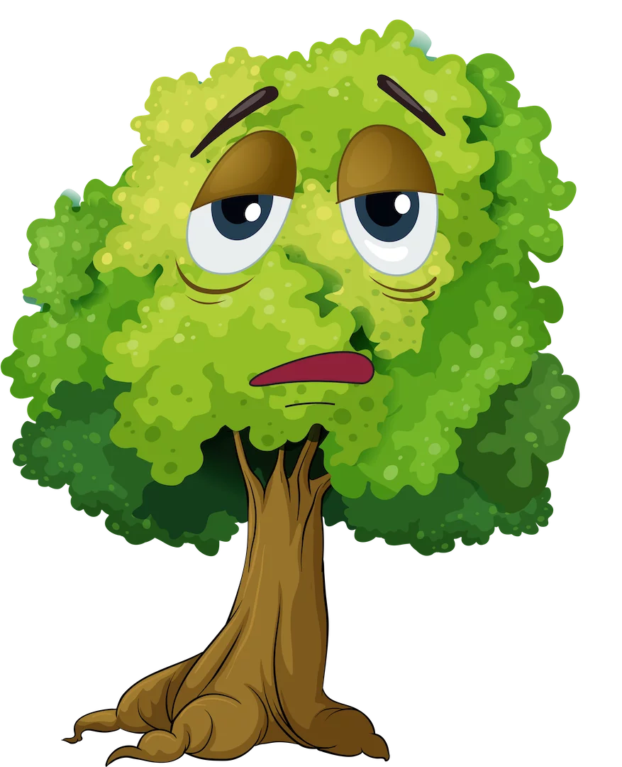 Tired Anthropomorphic Green Tree Clipart with Droopy Expression and Expressive Face