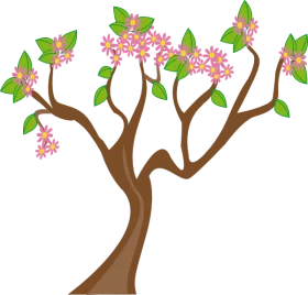 Whimsical Flowering Tree Clipart with Pink Blossoms and Green Leaves