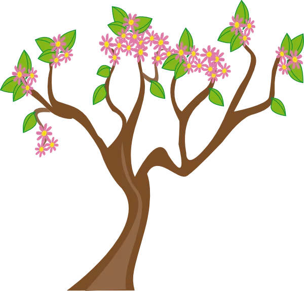 Whimsical Flowering Tree Clipart with Pink Blossoms and Green Leaves