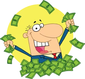 Gleeful Businessman Surrounded by Flying Dollar Bills Cartoon Clipart Illustration