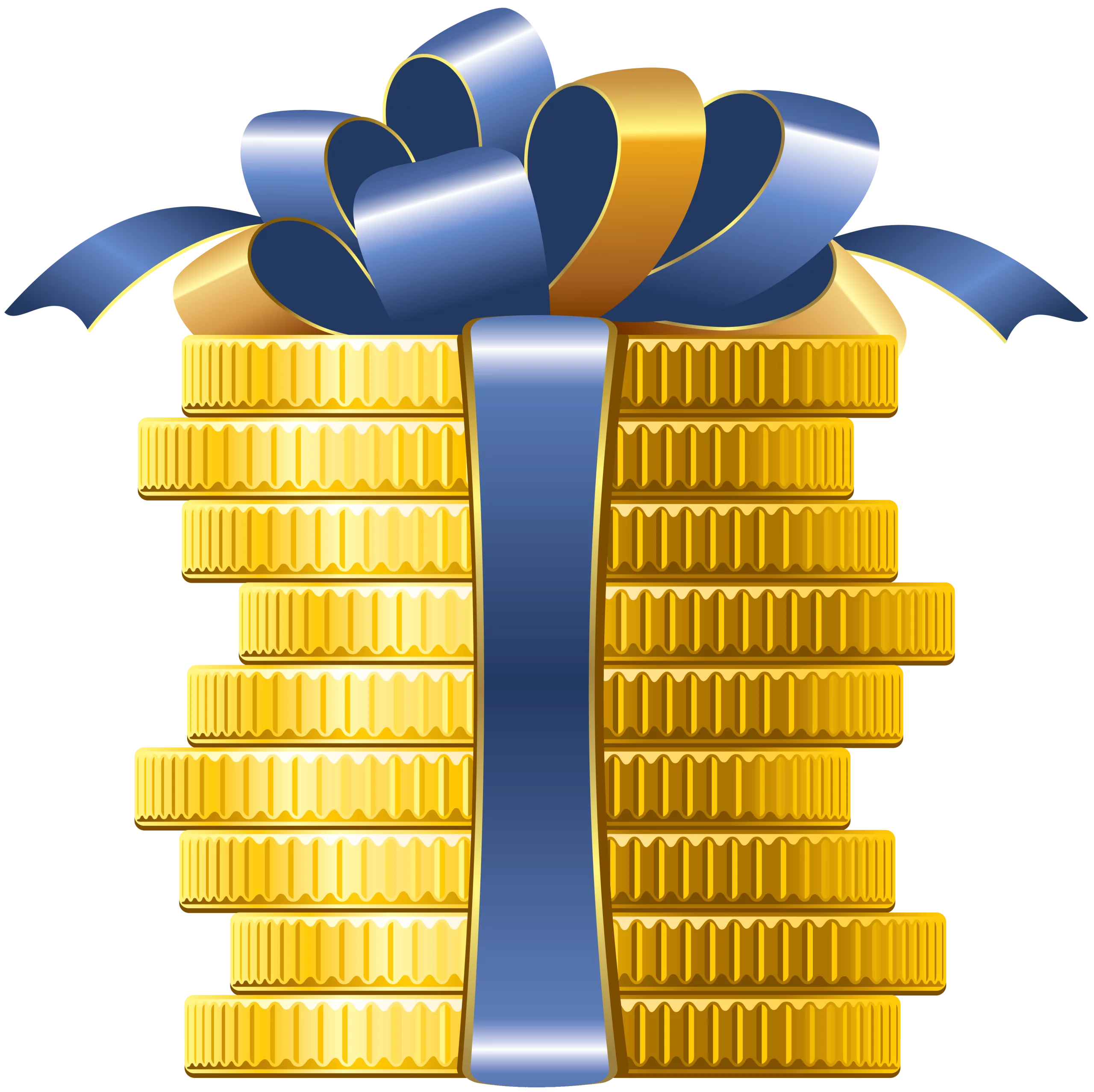 Golden Coin Stacks Adorned with Blue Ribbon Clipart - Financial Gift Illustration