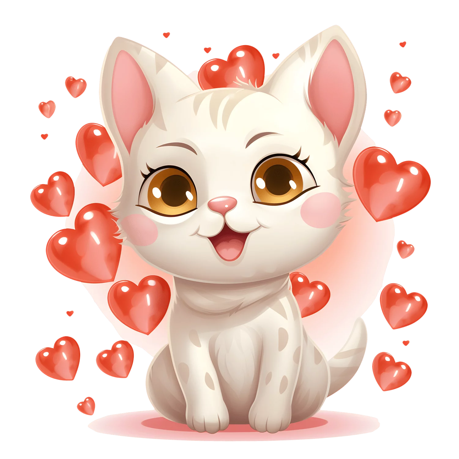 Adorable White Kitten Surrounded by Floating Love Hearts Cute Cartoon Clipart