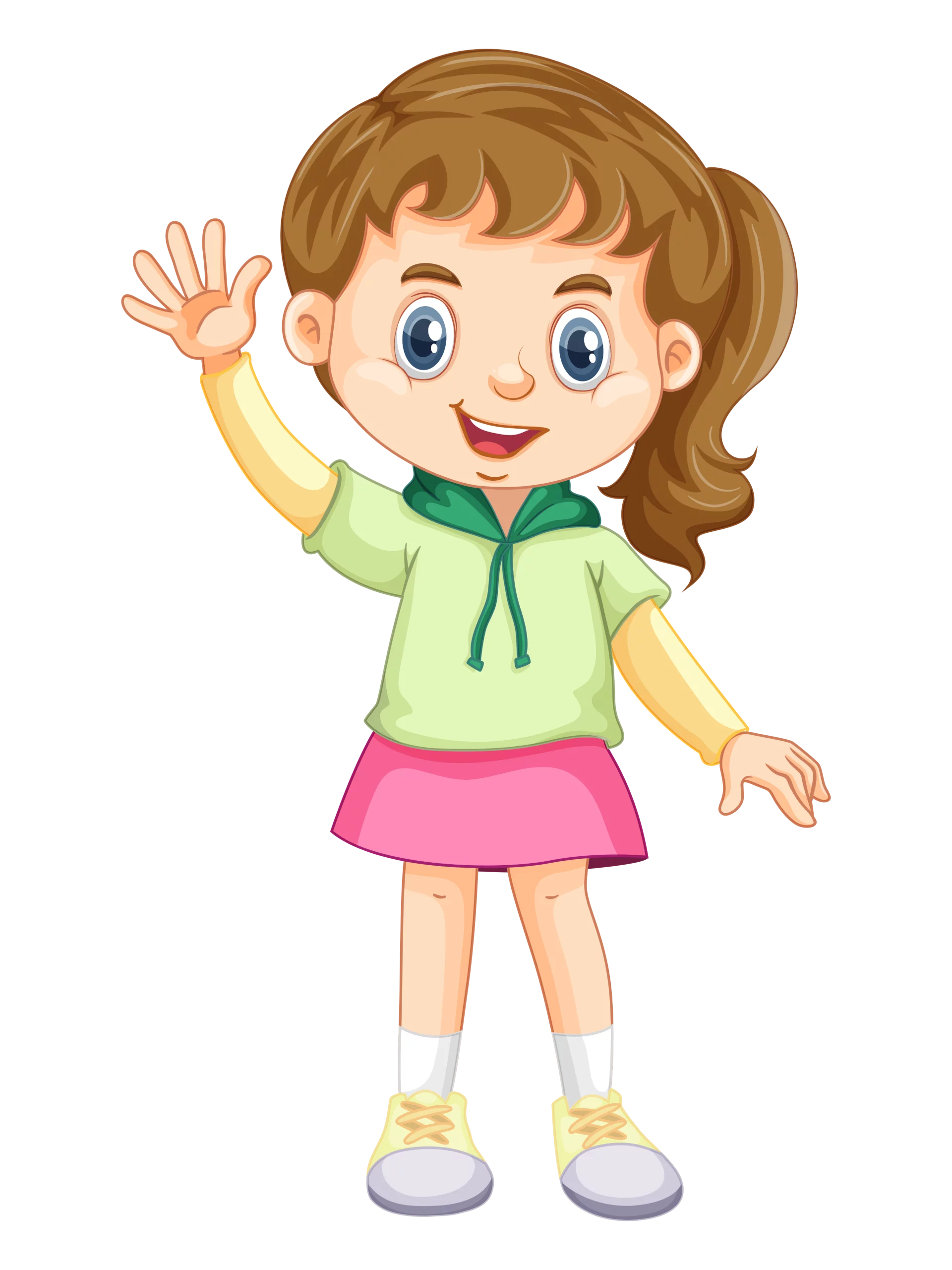 Cheerful Young Girl Waving in Sweet Cartoon Clipart Style with Adorable Outfit