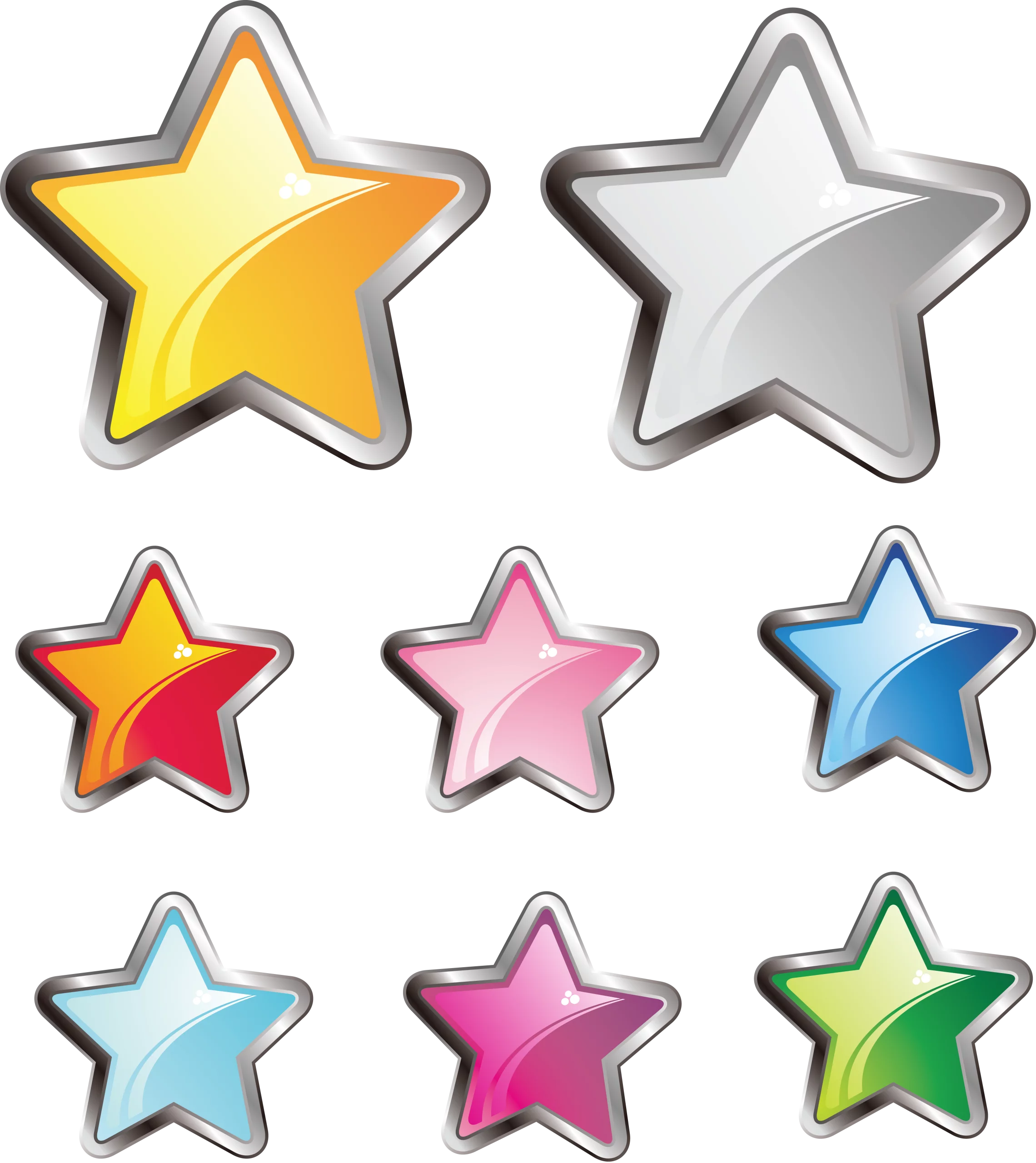 Collection of Glossy Star-Shaped Clipart Icons in Multiple Luminous Colors