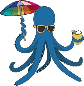 Cool Blue Octopus Summer Adventure Clipart with Rainbow Umbrella and Tropical Drink