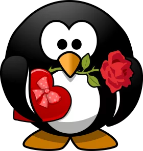 Adorable Valentine's Day Penguin Clipart with Heart and Rose - Romantic Cartoon Design