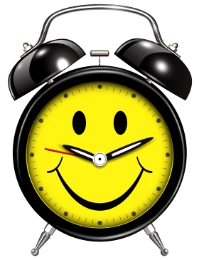 Cheerful Retro Smiley Face Alarm Clock Clipart Design with Vintage Charm