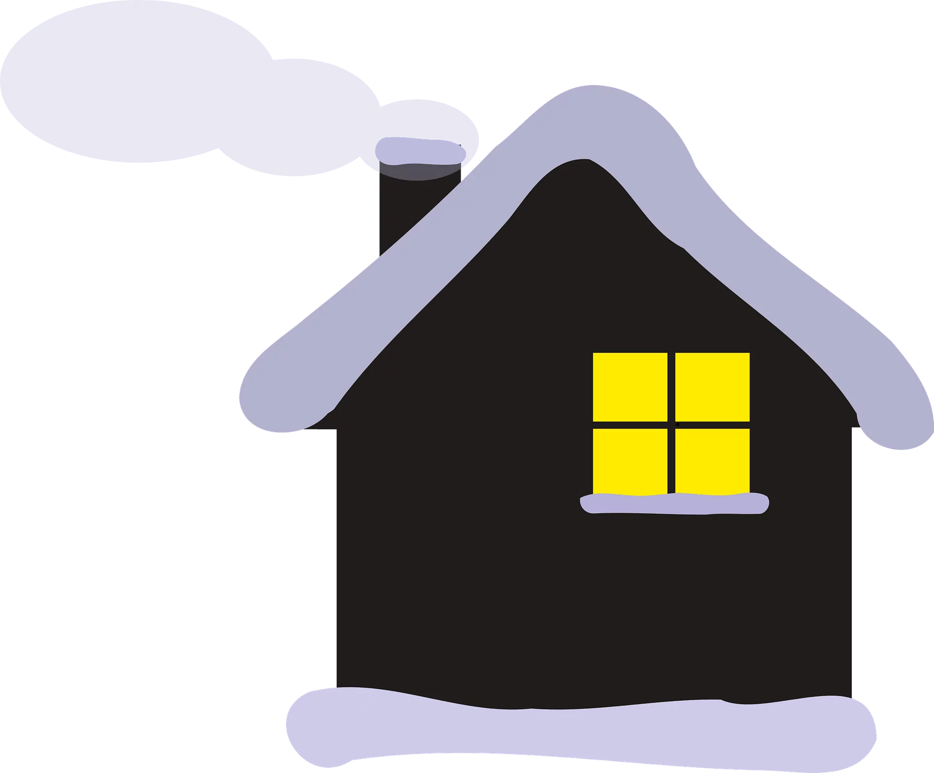 Cozy Winter Cabin Clipart: Snowy Silhouette with Warm Glowing Window