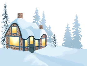 Enchanting Snow-Covered Woodland Cabin Clipart Illustration in Serene Winter Landscape