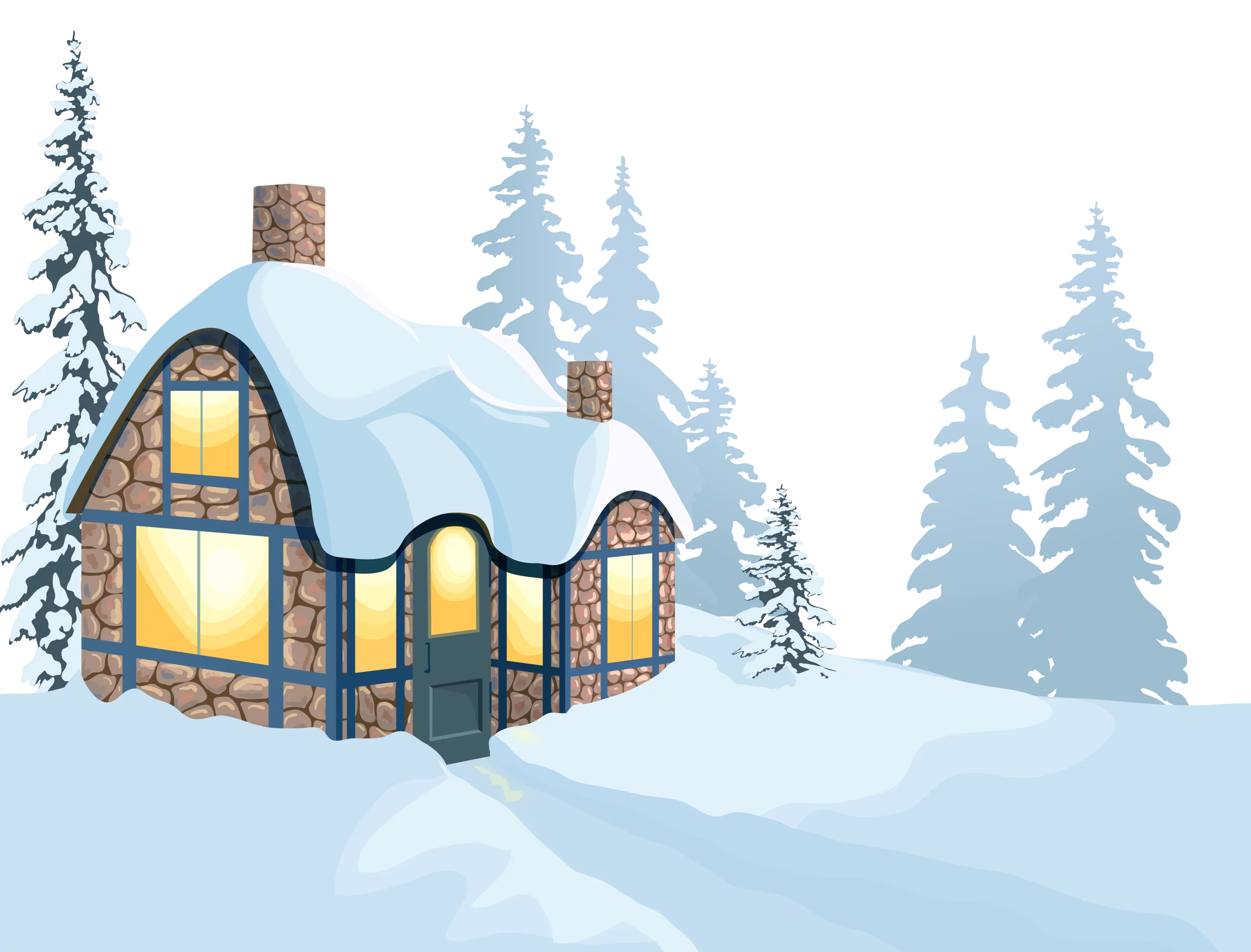 Enchanting Snow-Covered Woodland Cabin Clipart Illustration in Serene Winter Landscape