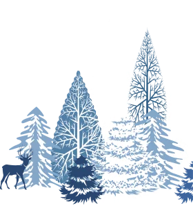 Serene Winter Forest Landscape with Deer and Snowy Coniferous Trees Clipart Design