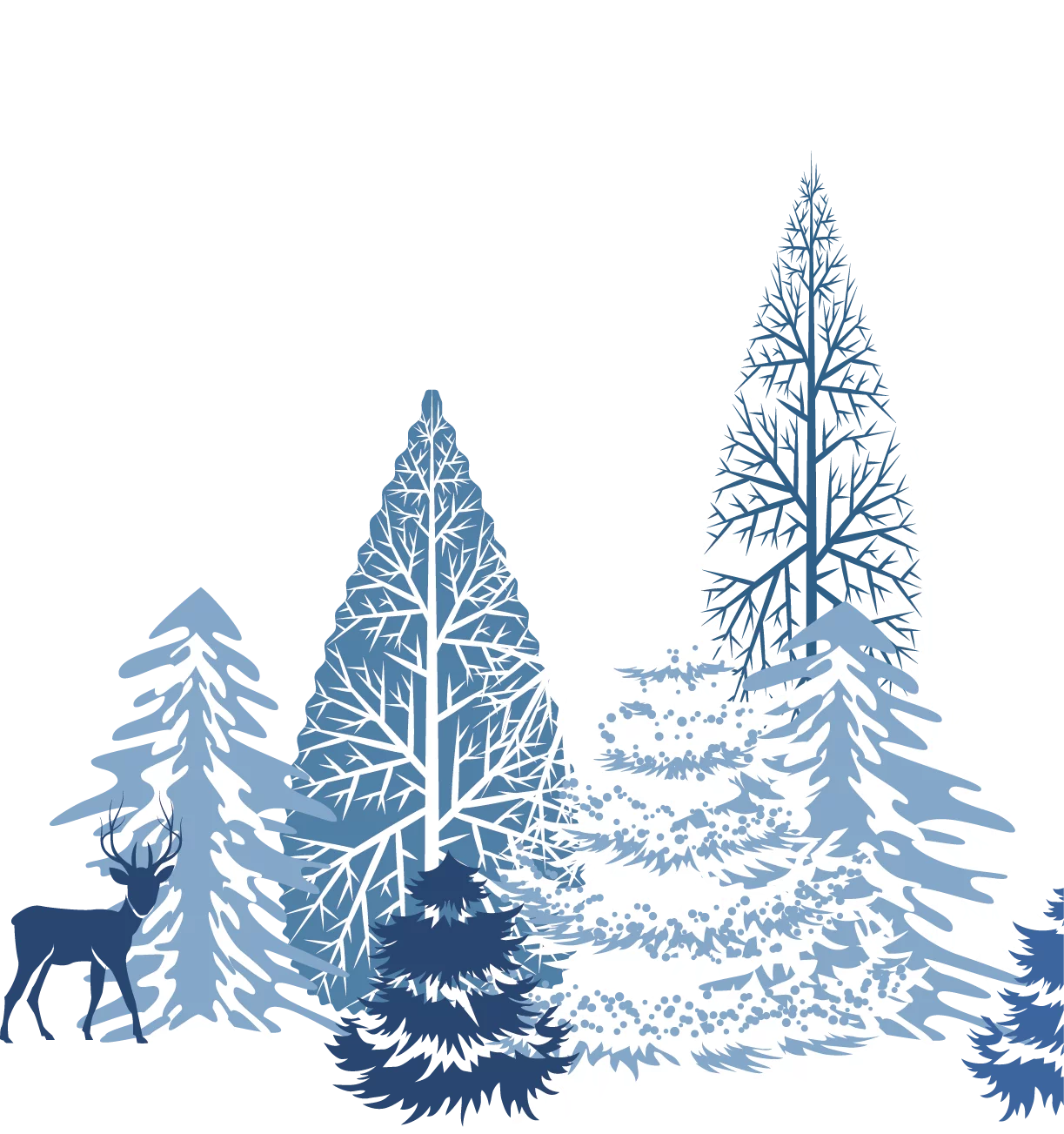 Serene Winter Forest Landscape with Deer and Snowy Coniferous Trees Clipart Design