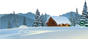 Serene Winter Mountain Cabin Landscape Clipart Scene with Snow-Covered Pine Trees