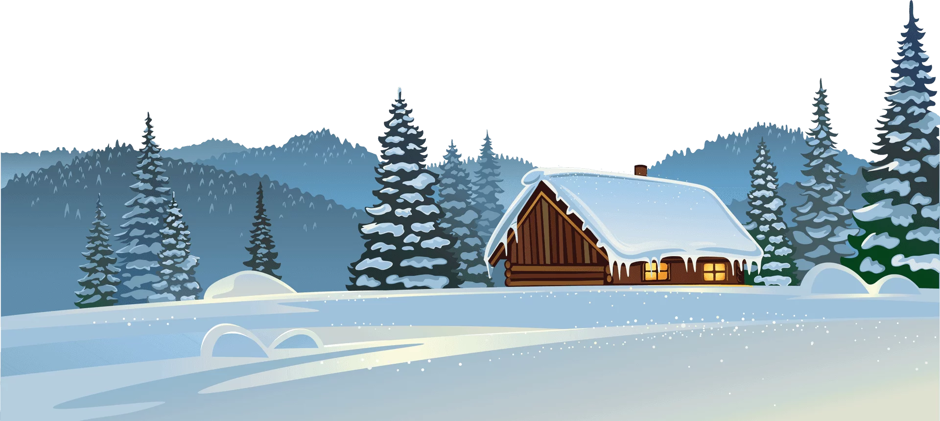 Serene Winter Mountain Cabin Landscape Clipart Scene with Snow-Covered Pine Trees