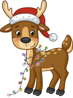 Festive Reindeer Clipart Wearing Santa Hat with Colorful Christmas Lights