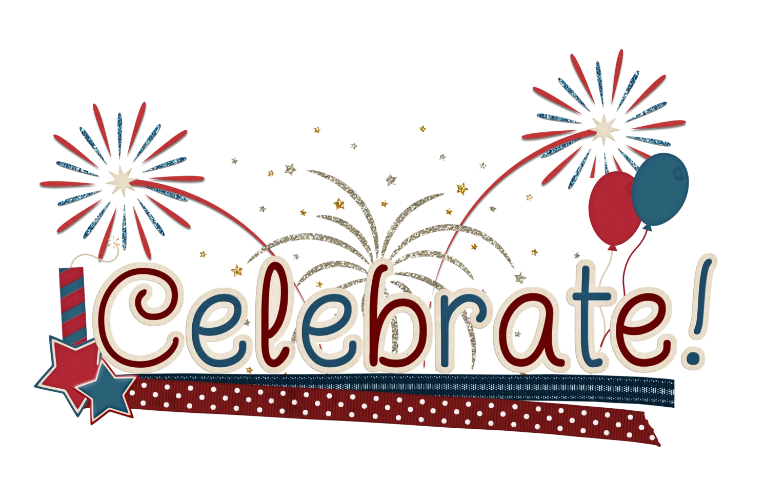 Festive Celebration Clipart with Fireworks, Balloons, and Decorative Text