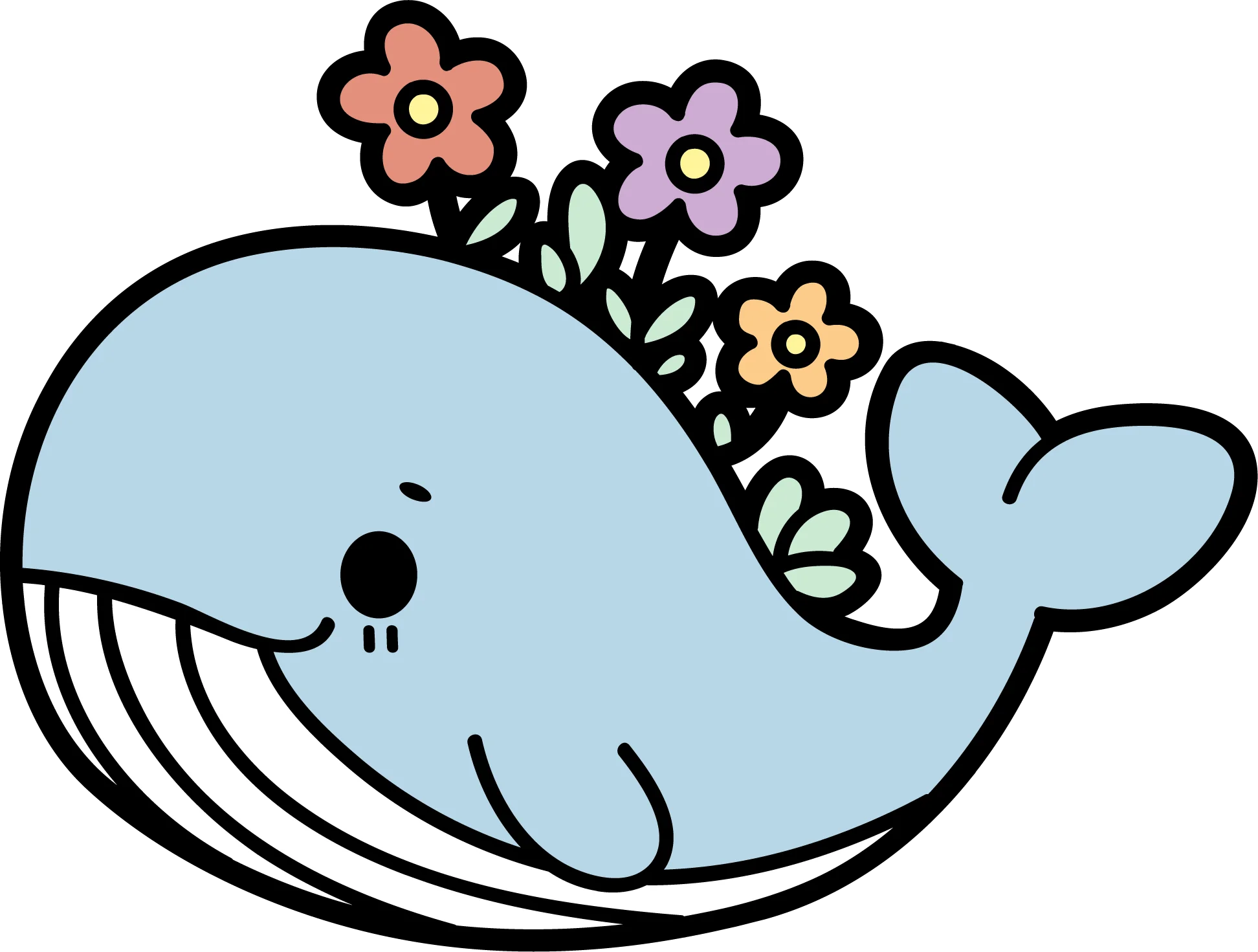 Adorable Kawaii Blue Whale Clipart with Charming Floral Accents