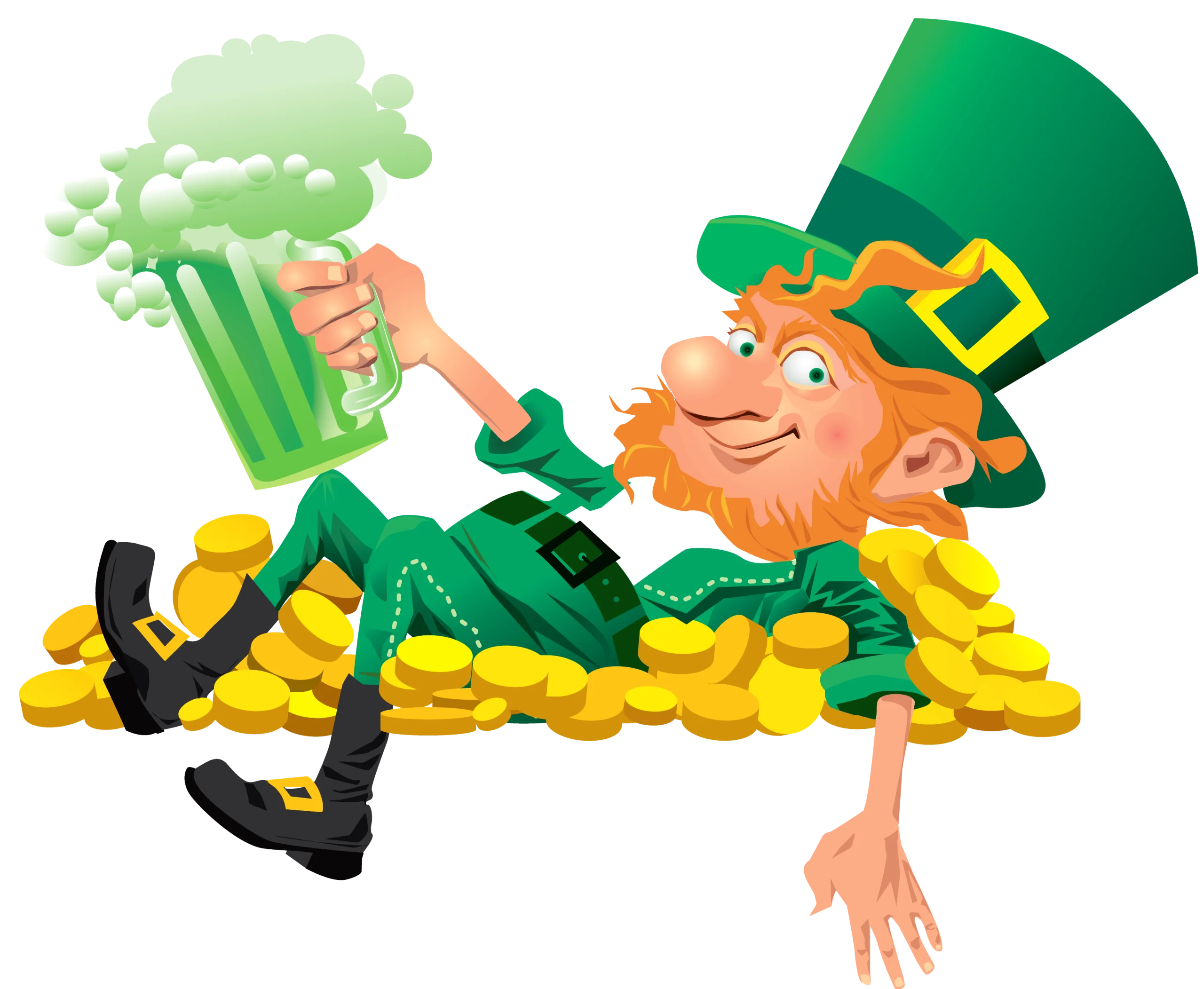Cheerful Leprechaun Resting on Golden Coins with Frothy Green Beer Clipart Illustration