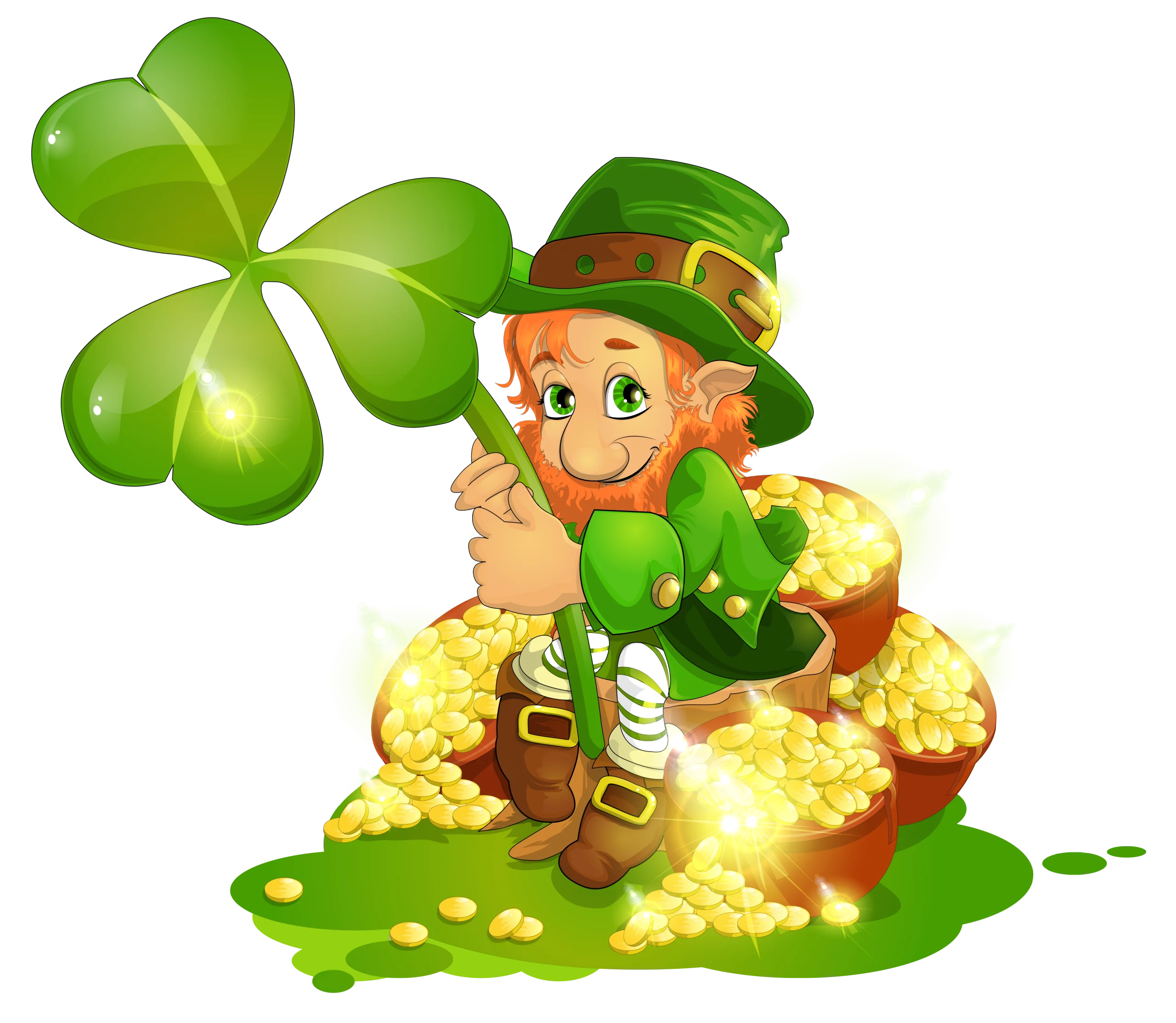 Magical Leprechaun Sitting on Golden Treasure with Four-Leaf Clover Clipart Illustration