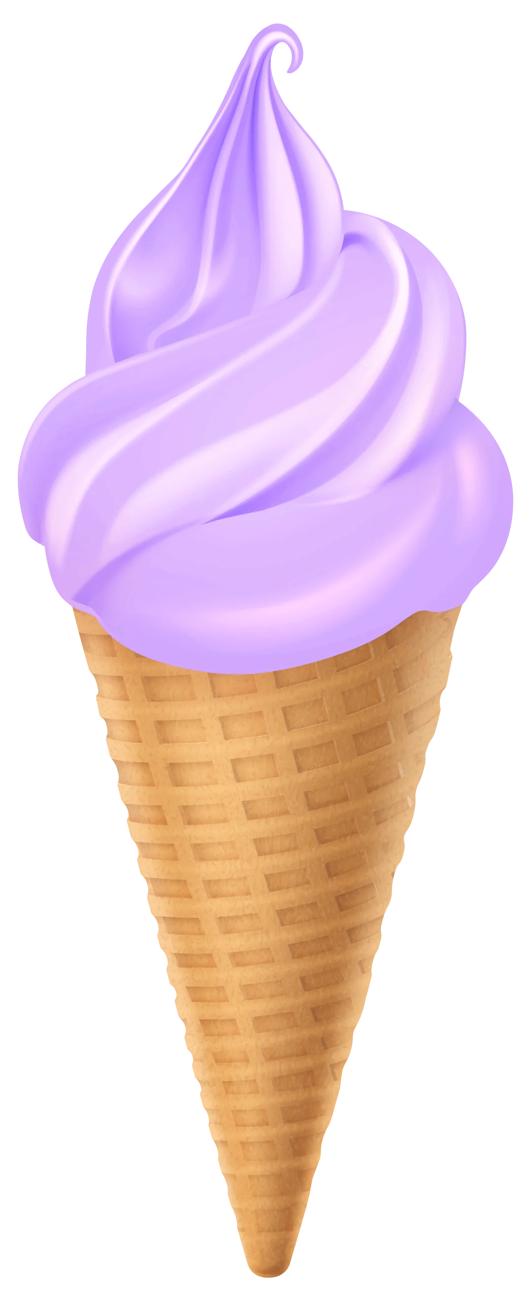 Pastel Lavender Soft Serve Ice Cream Swirl in Golden Waffle Cone Clipart Design